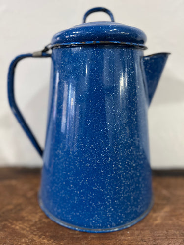 Vintage Enamelware 1990s Blue Speckled Large Coffee Pot Kettle Camping Farmhouse